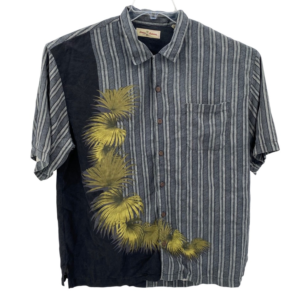 Tommy Bahama Silk Shirt Men's‎ XL Gray Striped Palm Print Camp Button Up
